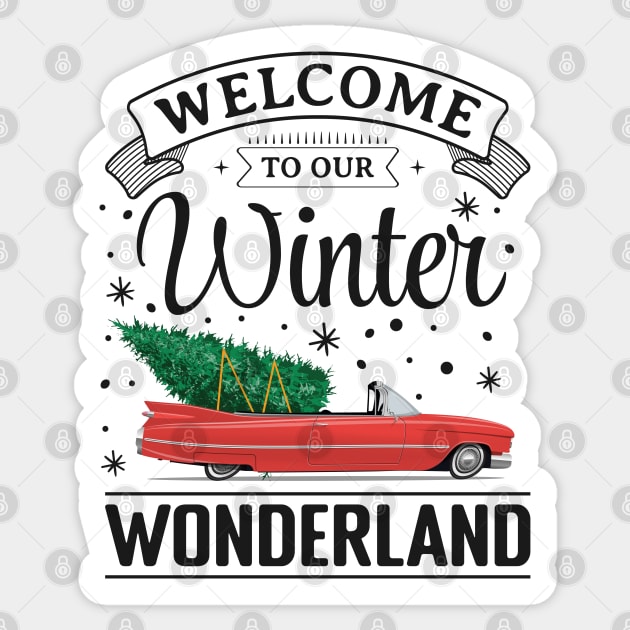 Winter Wonderland Vintage car with Christmas Tree Sticker by la'lunadraw